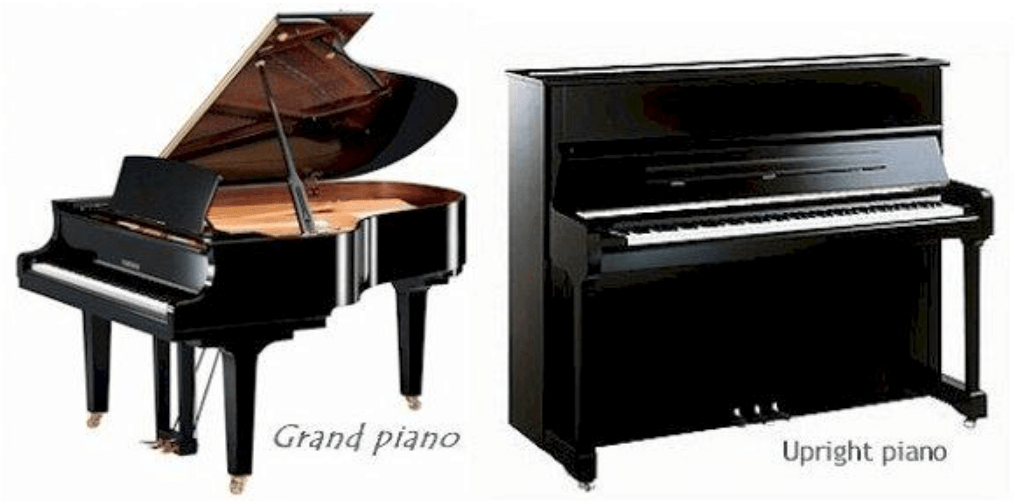 A black grand piano and an upright piano side by side