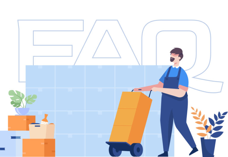 Illustration of a mover pushing boxes on a hand truck in front of FAQ letters