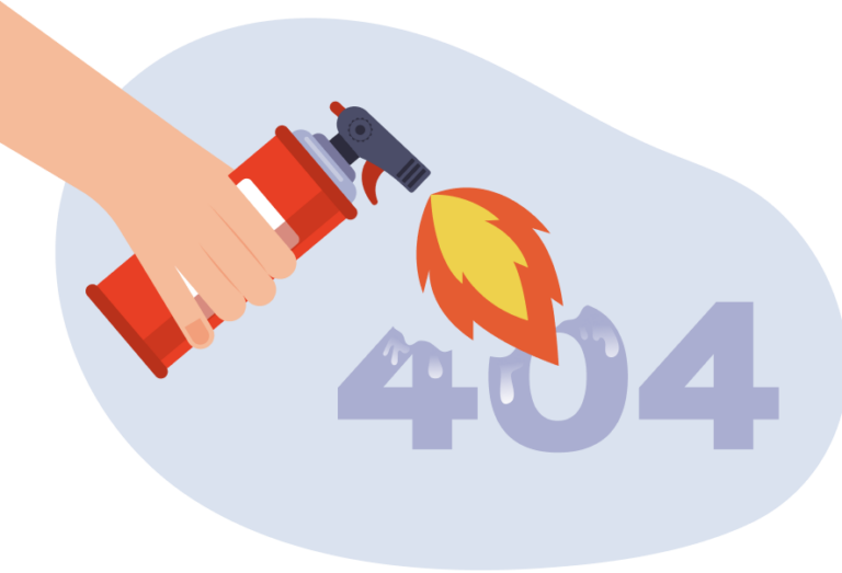 Illustration of a hand spraying a fire extinguisher at a flame over 404