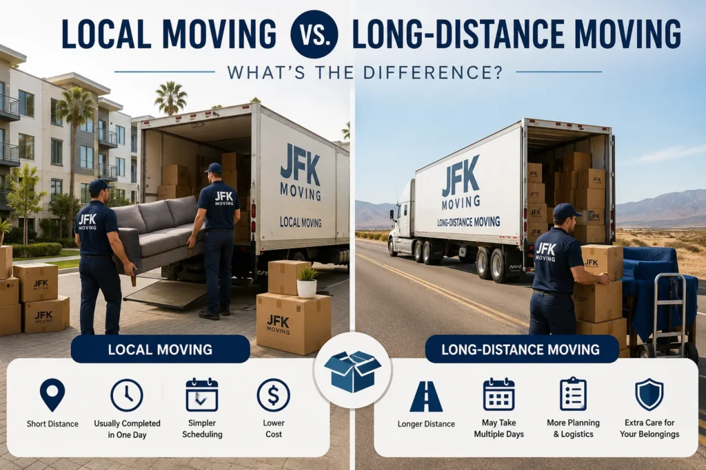 Infographic comparing local moving and long-distance moving with JFK Moving trucks