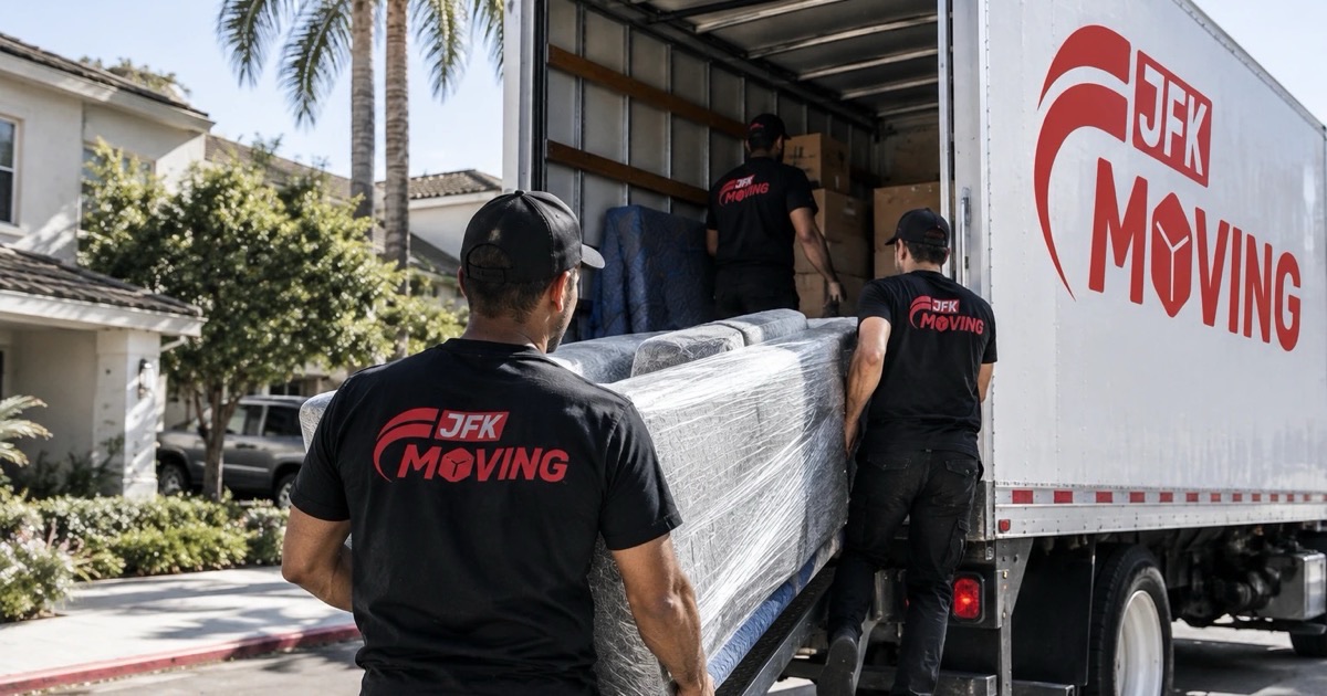 JFK Moving crew carrying a wrapped sofa into a JFK Moving truck on a Southern California street