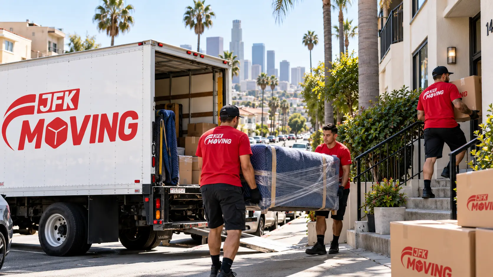 Movers loading furniture into a moving truck outside an apartment building in Los Angeles